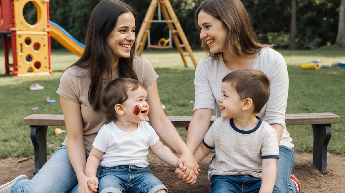 Two single moms holding hands with their children showing scraped toddler and smiling boy at playground with toys nearby