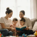 Two single moms sit together on couch with messy bun mom playing with child and smiling mom reading book to kids