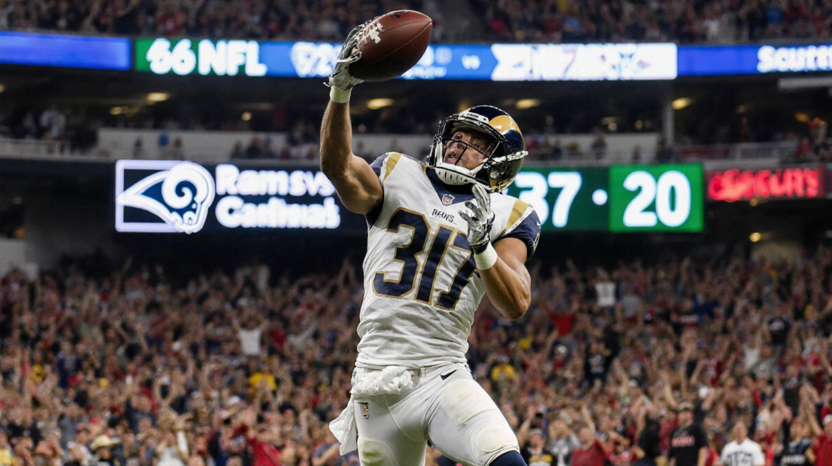 Tyler Higbee leaping for a touchdown pass with the ball in one hand and blurred Rams crowd behind him.