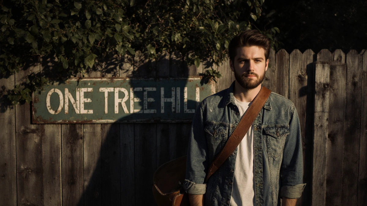 Tyler Hilton stands with guitar case and One Tree Hill sign visible through foliage