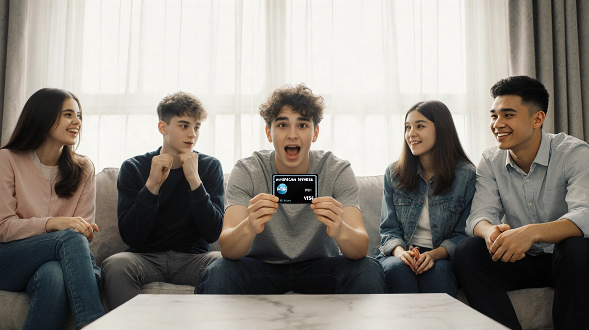 Tyler James Williams holds up an American Express black card with friends gathering around excitedly in modern living room wi