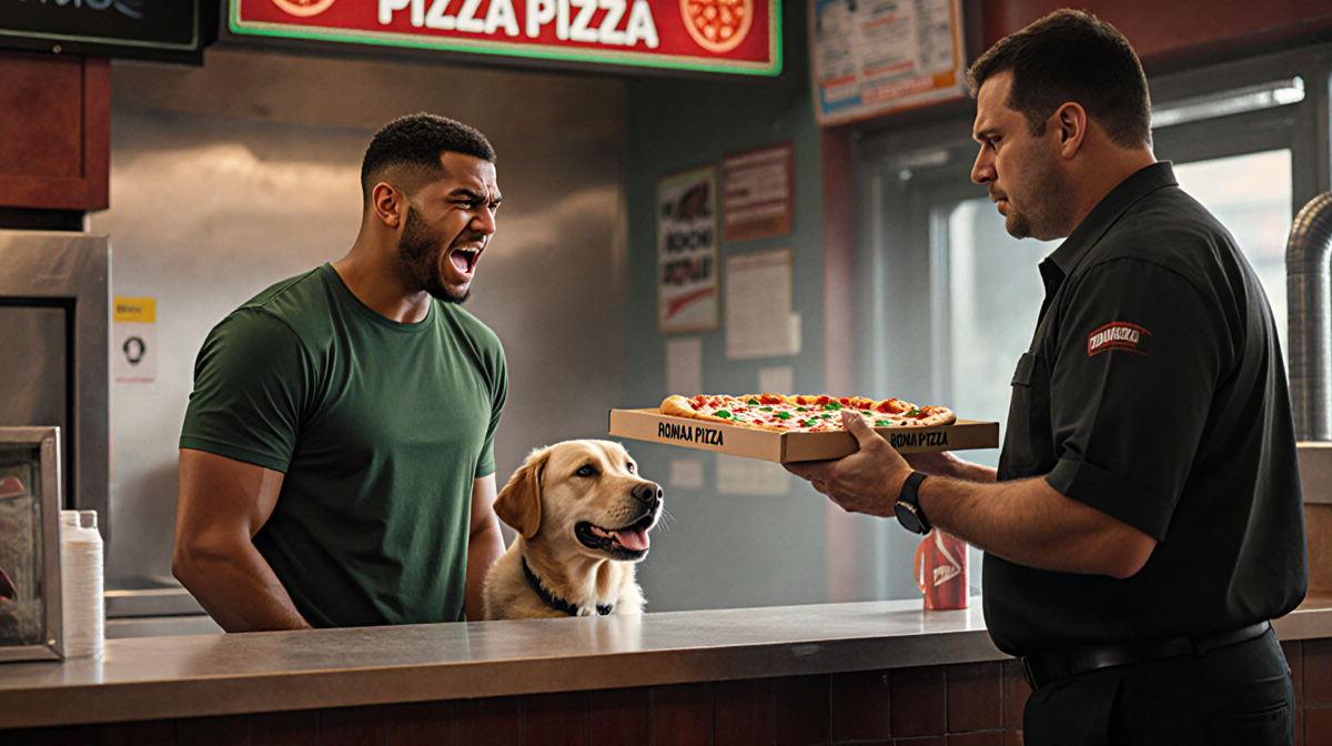 Tyshaun Watson confronting manager at pizzeria with angry face and loyal dog beside him while manager holds pizza box