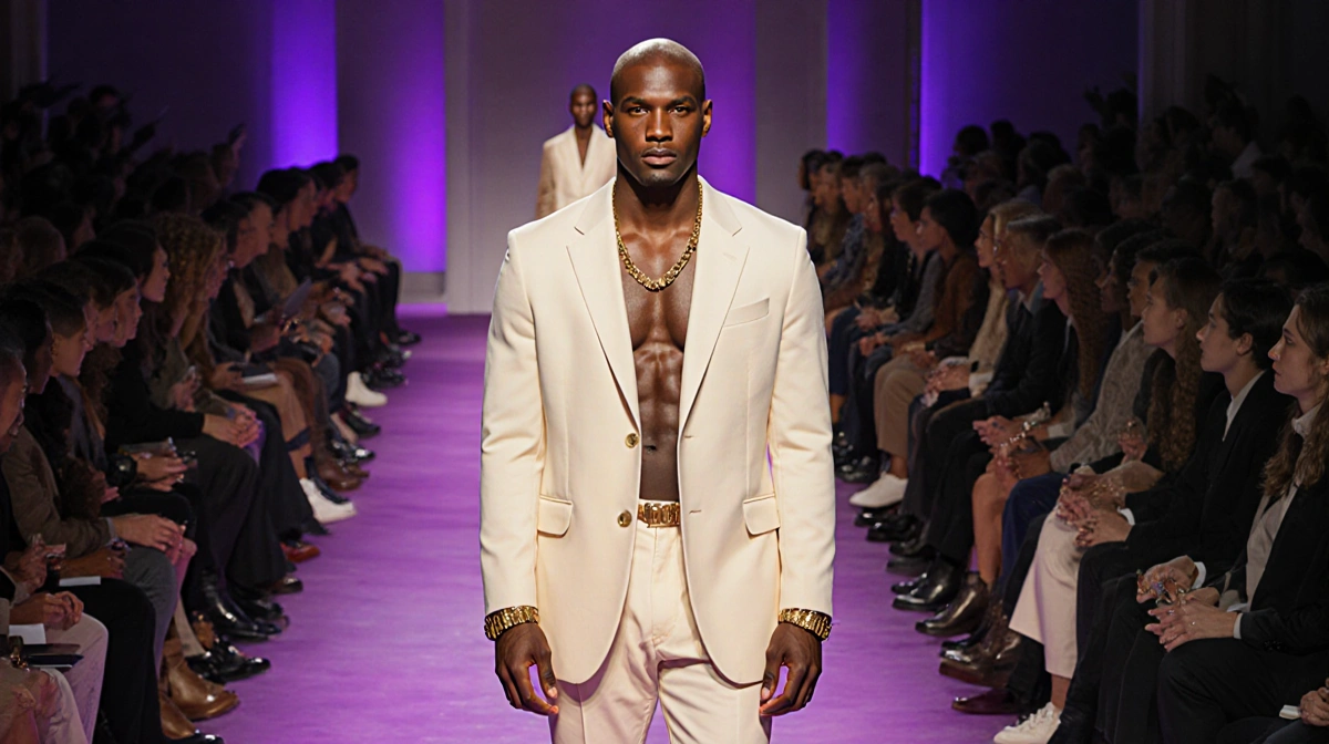 Tyson Beckford leading Ralph Lauren runway show with diverse models in purple and gold outfits
