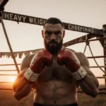 Tyson Fury stands confidently in front of a worn boxing glove with a faded ring and sunset glow
