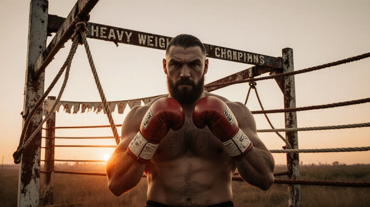 Tyson Fury stands confidently in front of a worn boxing glove with a faded ring and sunset glow