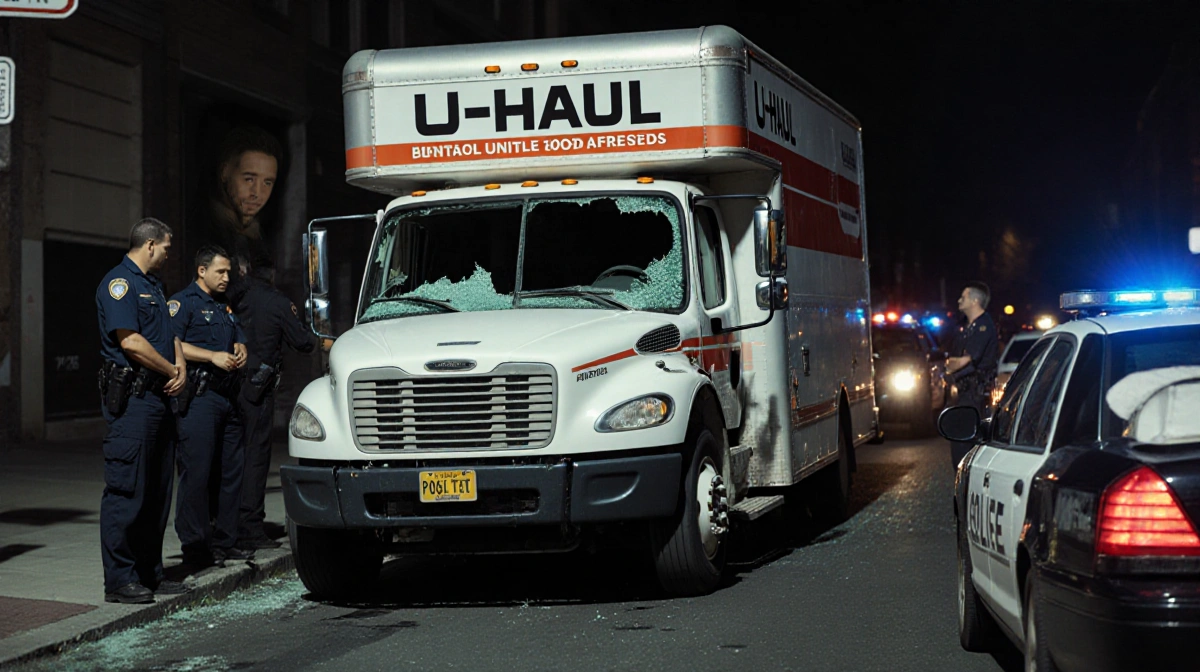 Damaged U-Haul truck stopped by police cars with shattered windows and officers standing nearby