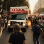 U-Haul truck speeding through Los Angeles protest with demonstrators holding anti-Iran signs and police lights flashing