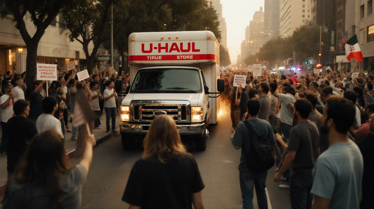 U-Haul truck speeding through Los Angeles protest with demonstrators holding anti-Iran signs and police lights flashing