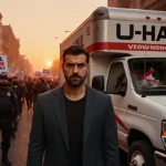 Man stands defiantly beside U-Haul truck with protesters and police at sunset