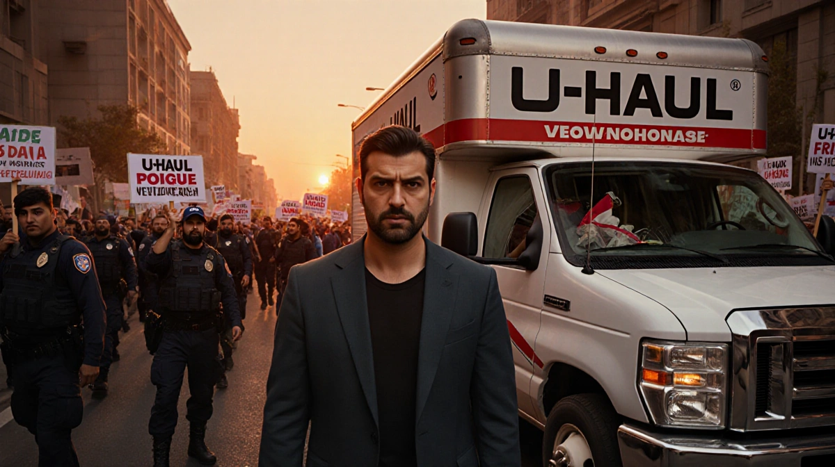 Man stands defiantly beside U-Haul truck with protesters and police at sunset