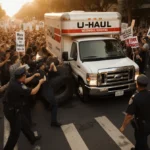U-Haul truck pushes through protesters with police restraining one person as crowd holds signs and chants