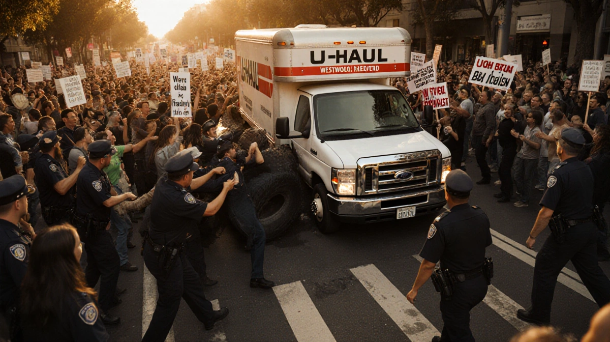 U-Haul truck pushes through protesters with police restraining one person as crowd holds signs and chants