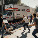 U-Haul truck crashes into protesters in Westwood with rear lodged in a barricade and shocked crowds on the street.