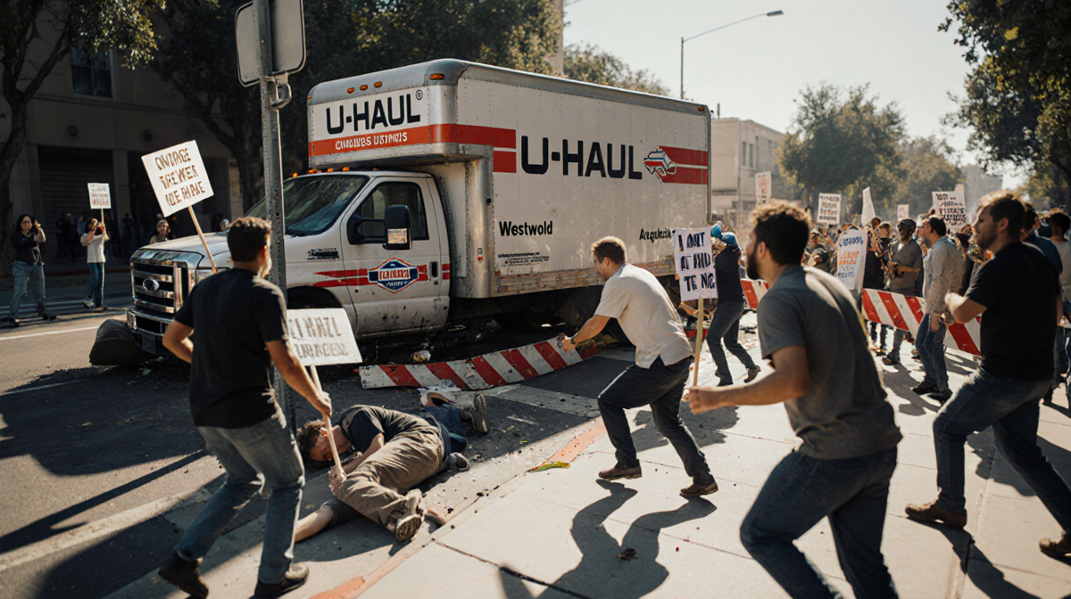U-Haul truck crashes into protesters in Westwood with rear lodged in a barricade and shocked crowds on the street.