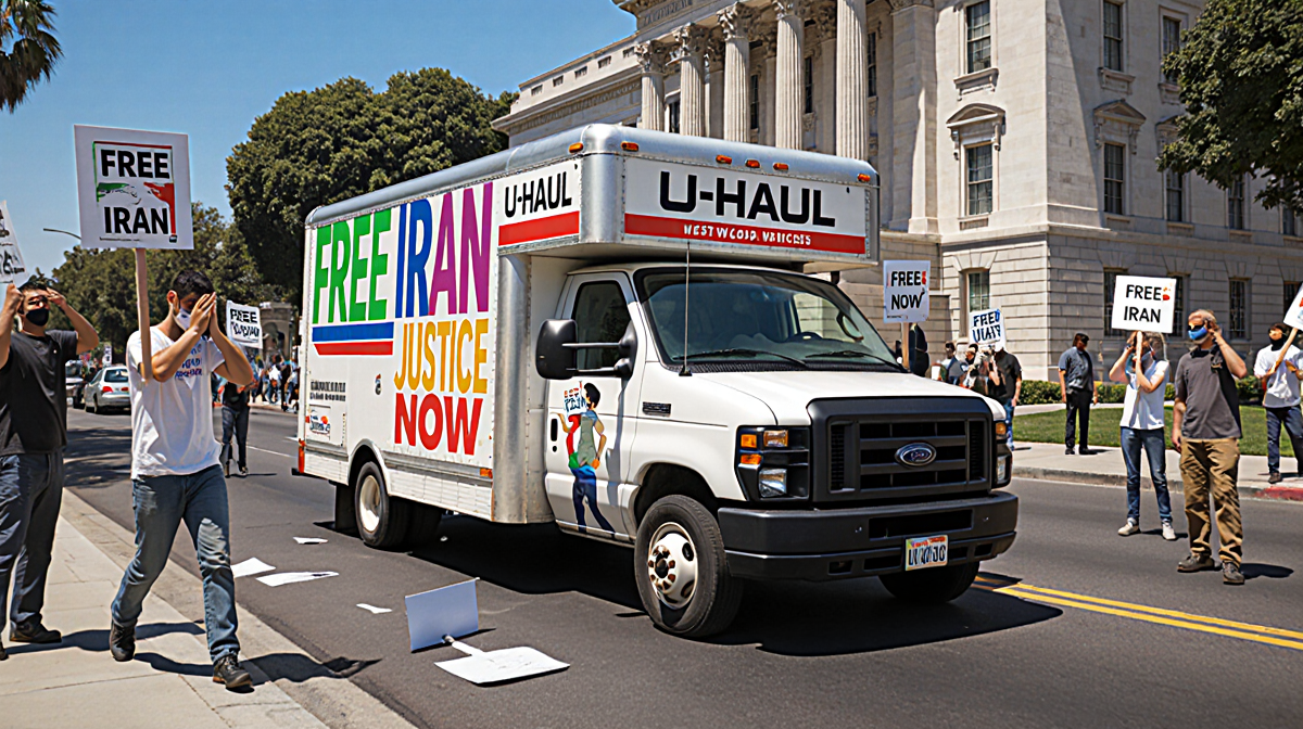 U-Haul truck drives down Westwood street with bold Free Iran message and protesting crowds near the Federal Building.