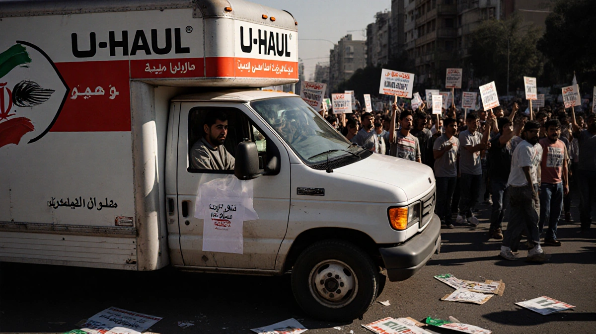 U-Haul truck parked on city street with protesters marching behind and driver looking nervous through windshield