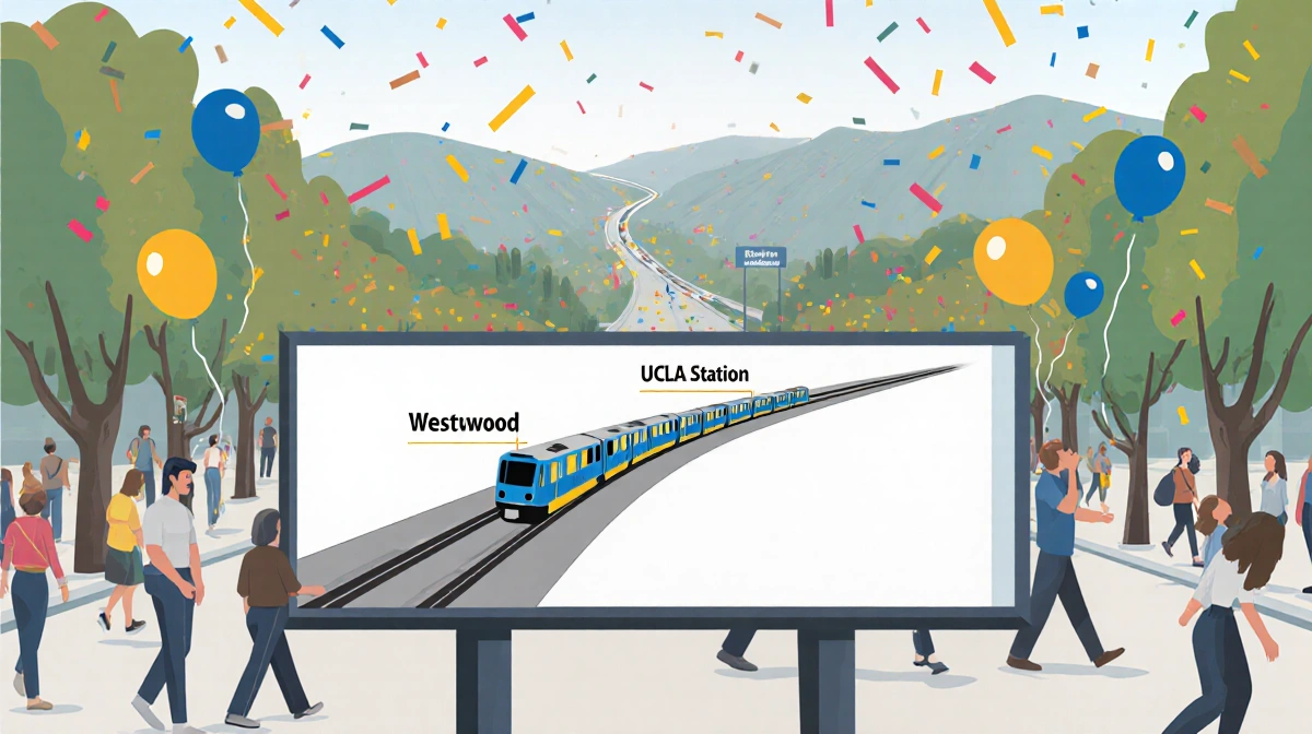 UCLA campus announcement board celebrates new Sepulveda Pass metro station with balloons and confetti showing Westwood Van Nu