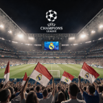 UEFA Champions League stadium crest above the field and fans holding flags screen showing Champions League logo with light