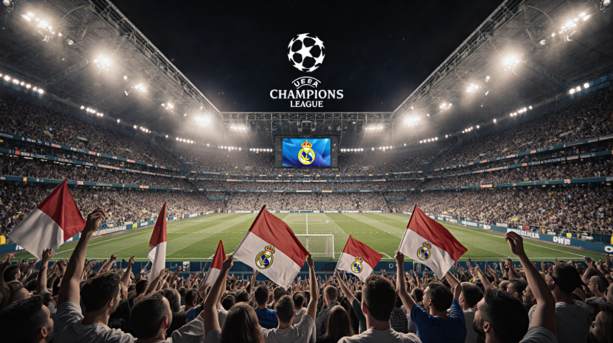 UEFA Champions League stadium crest above the field and fans holding flags screen showing Champions League logo with light