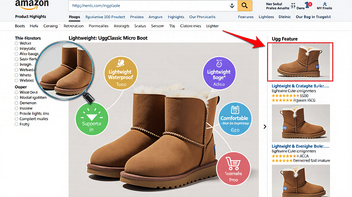 Ugg boots highlight Amazon page with bright badges and arrows pointing to features