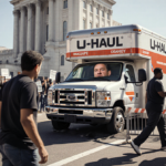 U-Haul truck backing into protest barricade with driver looking apologetic and protesters walking away near Federal Building.