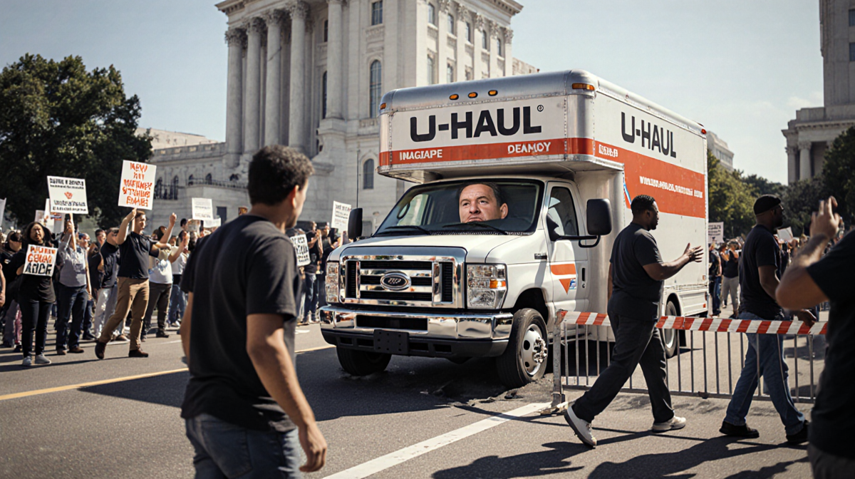 U-Haul truck backing into protest barricade with driver looking apologetic and protesters walking away near Federal Building.