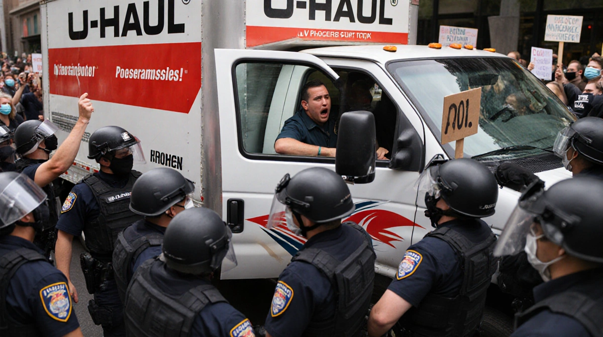 U-Haul truck with open door surrounded by protesters with signs and police officers in riot gear