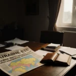 Desk cluttered with maps and a newspaper headline on Ukraine and a leather book with Ukraine border diagram and natural light