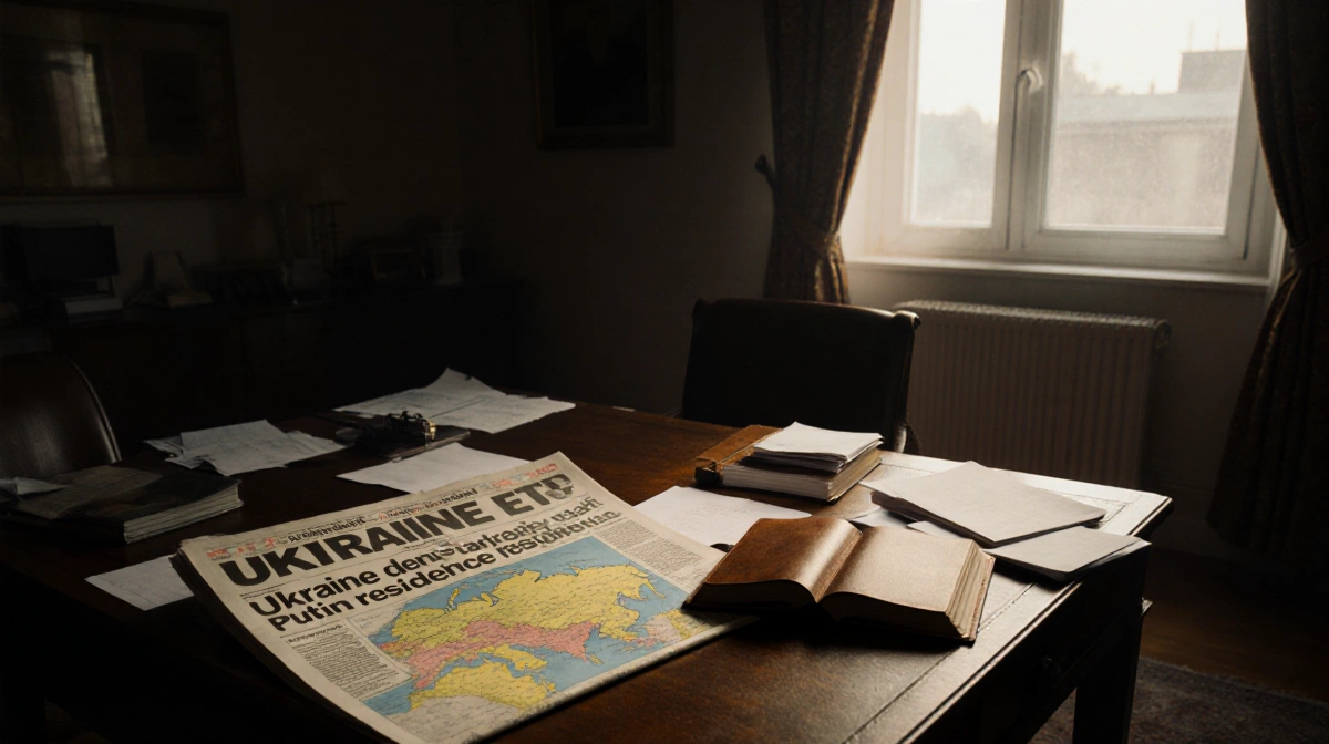 Desk cluttered with maps and a newspaper headline on Ukraine and a leather book with Ukraine border diagram and natural light