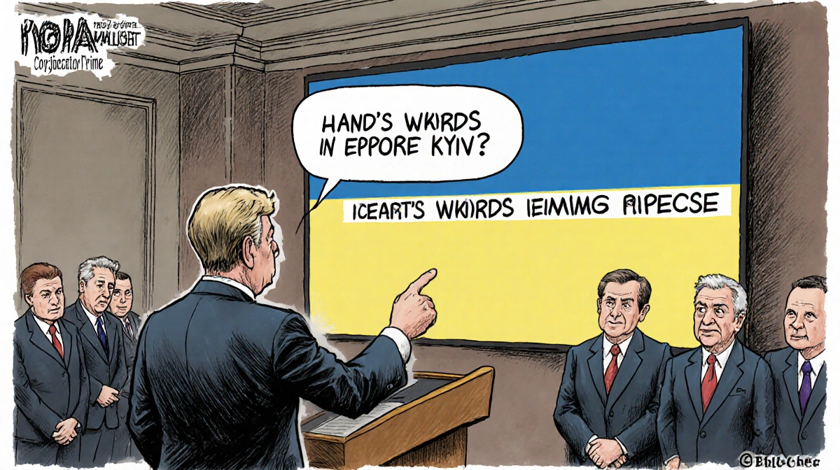 Official points at Ukrainian flag on screen with backwards words while dignitaries look confused at podium