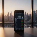 Smartphone shows Ultra Clean Holdings stock ticker with price and RSR rating on desk near city window