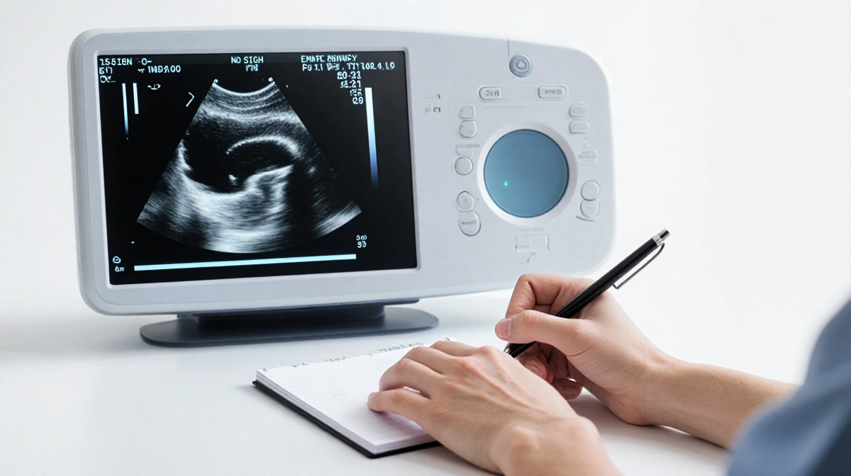 Ultrasound scanner with empty screen showing faint scan line and crossed hands holding notebook beside the machine