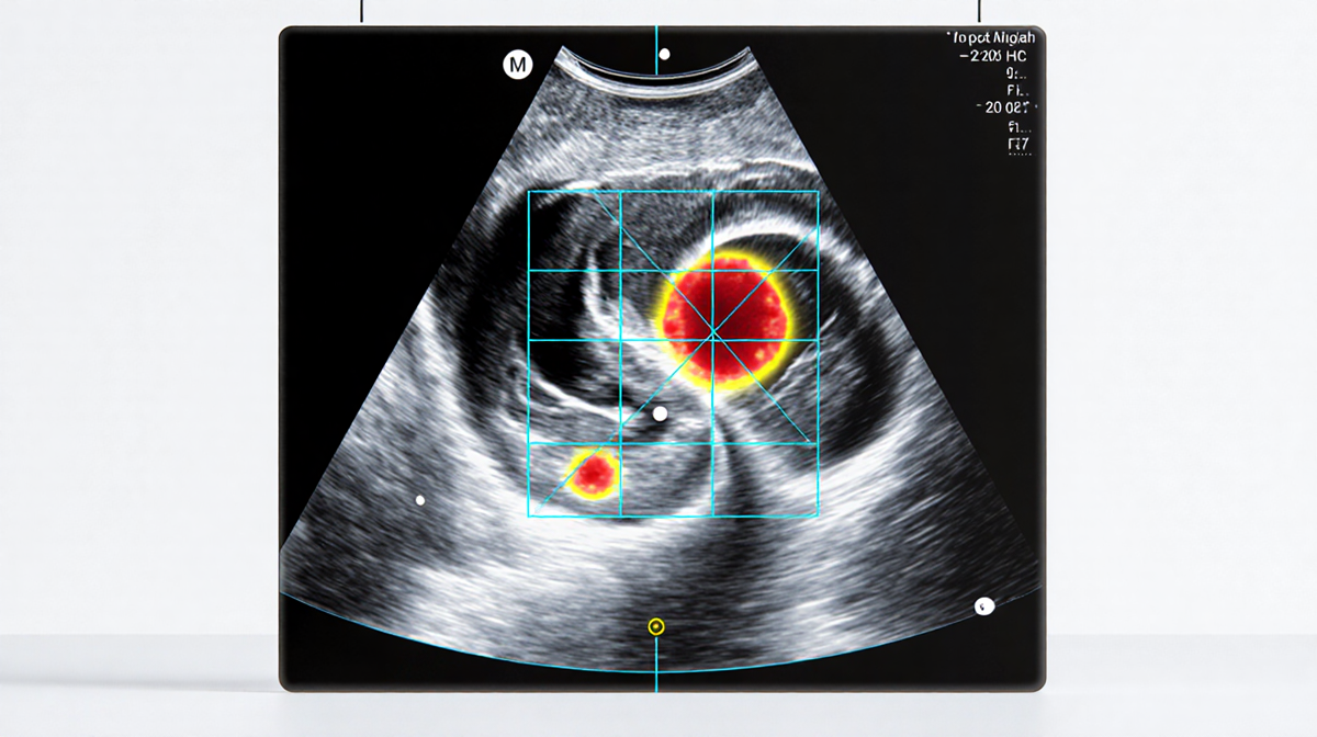 Thyroid ultrasound shows suspicious nodules one highlighted in red with subtle grid and blue medical imaging tint
