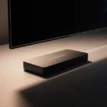 Ultra‑thin OLED TV sits on a minimalist desk with a hidden Zero Connect Box under its edge and warm glow lighting the surface
