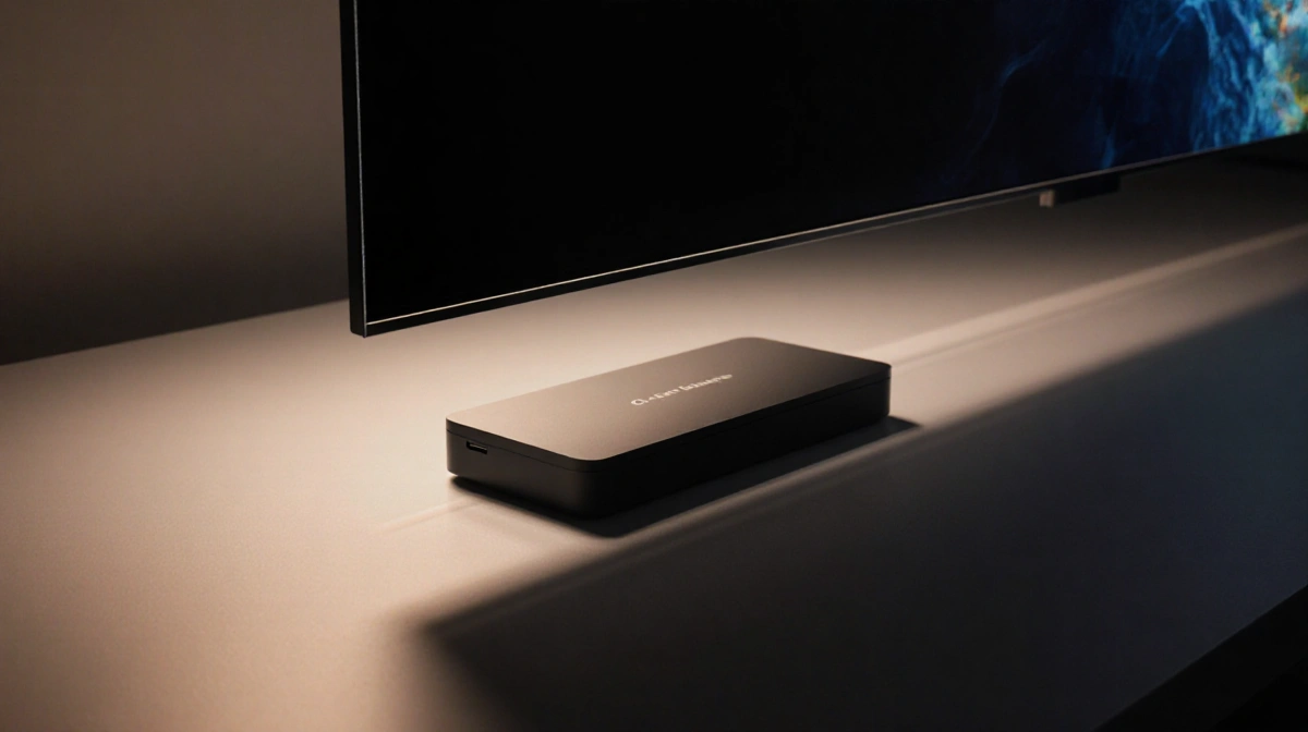 Ultra‑thin OLED TV sits on a minimalist desk with a hidden Zero Connect Box under its edge and warm glow lighting the surface