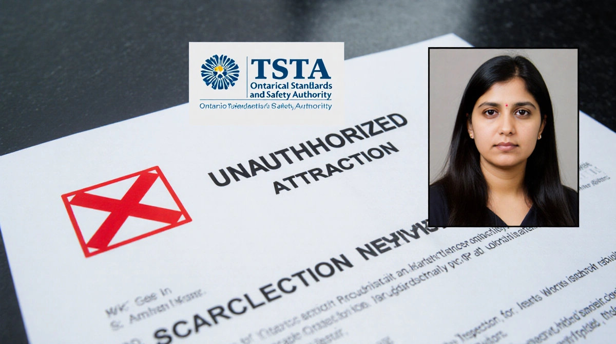 Red X mark on regulatory sign shows unauthorized attraction with safety authority logo and inspector portrait