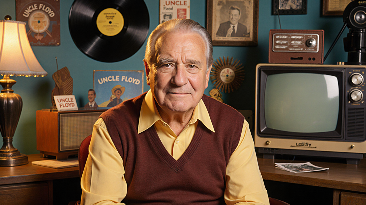 Uncle Floyd Vivino sits on his TV set with soft golden light and retro New Jersey props.