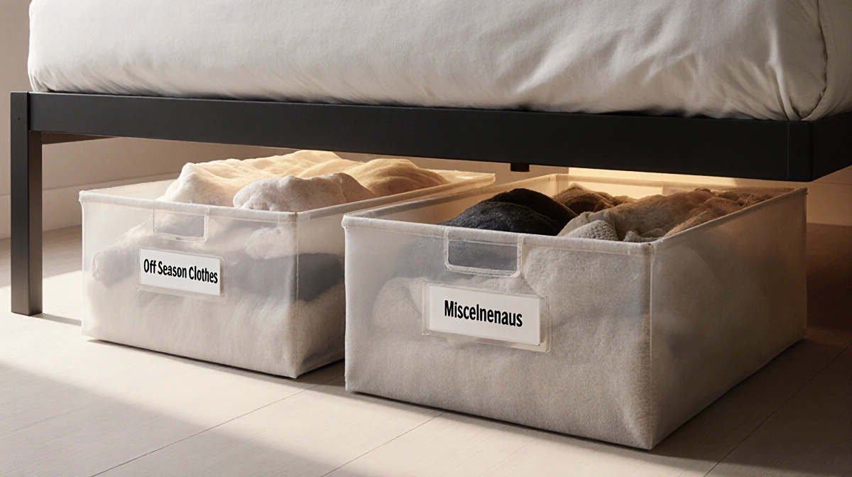 Two clear storage boxes slide under bed with off-season clothes visible and minimal bed frame above
