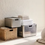 Stylish under-bed storage containers arranged in tiers with woven basket and clear boxes near folded sheets and blanket