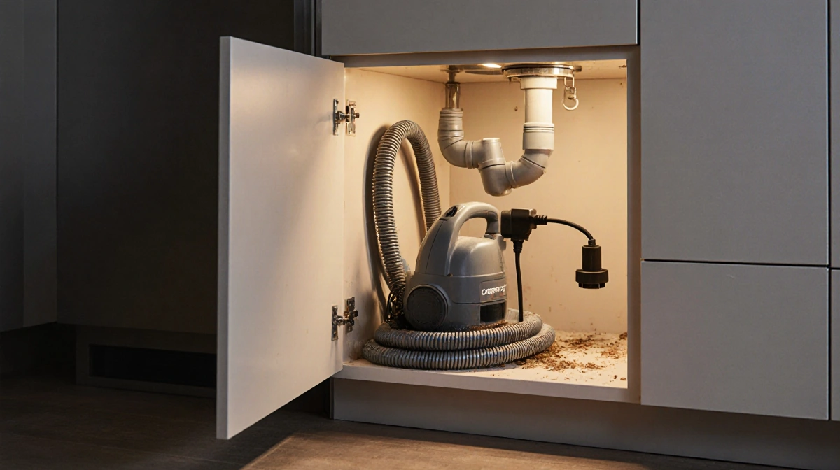 Compact carpet spot cleaner rests on cabinet with door ajar showing organized storage with wrapped hose and cord
