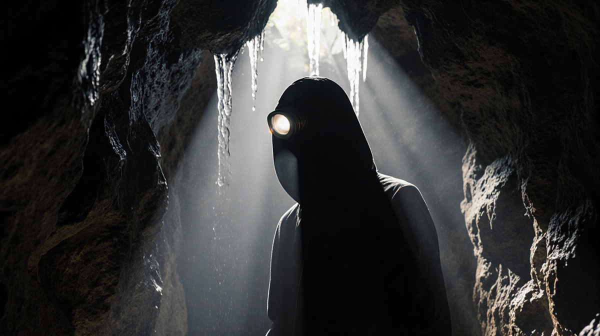 Cave explorer walking with headlamp glow illuminating misty walls and dripping water in darkness.