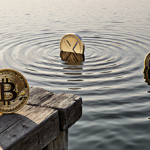 Bitcoin coin resting on weathered dock with calm ocean ripples and undervalued XRP and ADA coins submerged