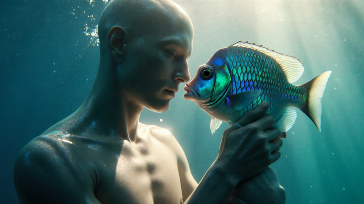 Two figures embrace underwater with sunlight filtering through the water as the humanoid person gazes at the fish-like being
