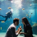 Man proposing underwater with shark tooth ring box and colorful fish swimming near aquarium tank