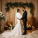 Couple exchanging vows with winter gown and tuxedo near floral arrangement and warm golden light.