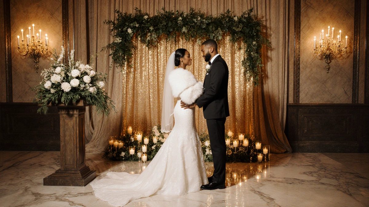 Couple exchanging vows with winter gown and tuxedo near floral arrangement and warm golden light.