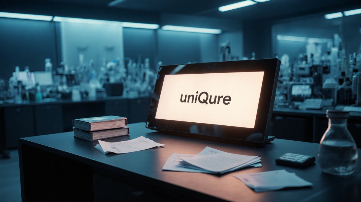 Futuristic lab bench shows uniQure logo on sleek console screen with scattered documents and blue-lit equipment behind