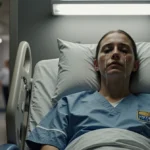 Airline employee crying in worn hospital chair with crumpled uniform on floor and flickering light above