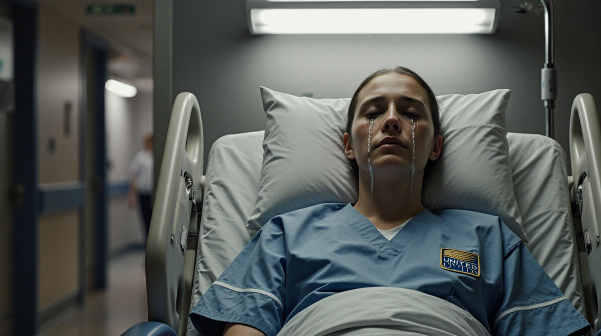 Airline employee crying in worn hospital chair with crumpled uniform on floor and flickering light above