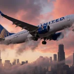 United Airlines plane descending through clouds with visible Chicago skyline and dramatic orange-pink dusk sky